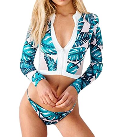 Women Floral Print Long Sleeve Zipper Rash Guard Two-pieces Bikini Swimsuit