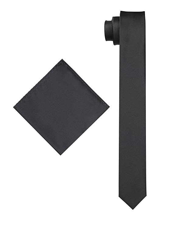 Men's Solid Slim Necktie with Matching Pocket Hanky - Many Colors Available