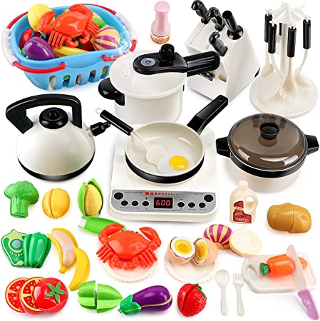 Play Kitchen Accessories,Kids Kitchen Playset with Induction cooktop Pressure Pot Cooking Supplies,Kitchen Set for Kids with Pretend Play Food Shopping Basket,Gift Kitchen Toys for Girls