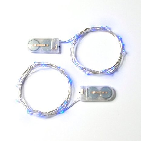 Top-Longer Micro LED 20 Super Bright Color Lights Battery Operated on 6 Ft Long Silver Color Ultra Thin String Wire-2 Sets (Blue)