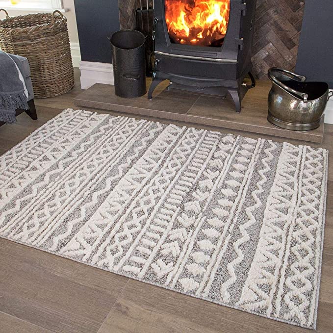 Scandi Grey Cream Tribal Geometric Area Rug Nordic Aztec Moroccan Cream Plush Living Room Bedroom Hallway Rugs 80cm x 150cm