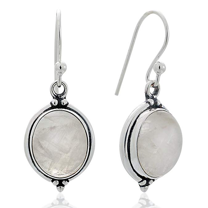 925 Oxidized Sterling Silver Natural Gemstone Oval Shaped Vintage Dangle Hook Earrings 1.3"