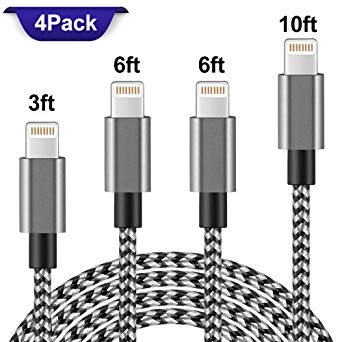 Lightning Cable, IVVO 4Pack 3FT 6FTx2 10FT Nylon Braided Charging Cable Cord Lightning to USB Cable iPhone Charger for iPhone X/8/8Plus/7/7 Plus/6s/6s Plus/6/6 Plus/5/5S/5C/SE/iPad, iPod and More