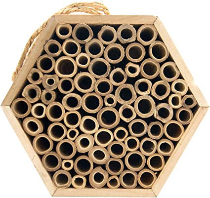 Flying Spoon Wooden Bee House, 8" Bamboo Bee House with 70 Tubes for Solitary Native Bees