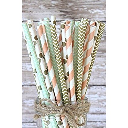 Charmed Peach, mint green and gold paper straws set of 100 straws