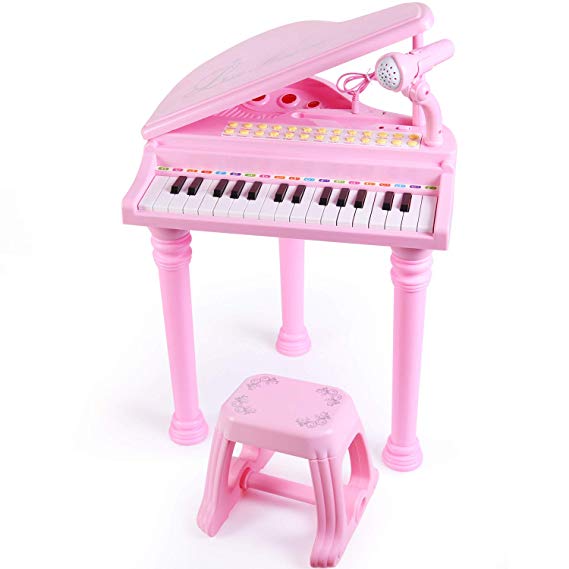 SGILE 31 Keys Musical Piano Toy with Microphone and Stool, Learn-to-Play for Girl Toddlers Kids Singing Music Development, Audio Link with Mobile MP3 IPad PC,Pink