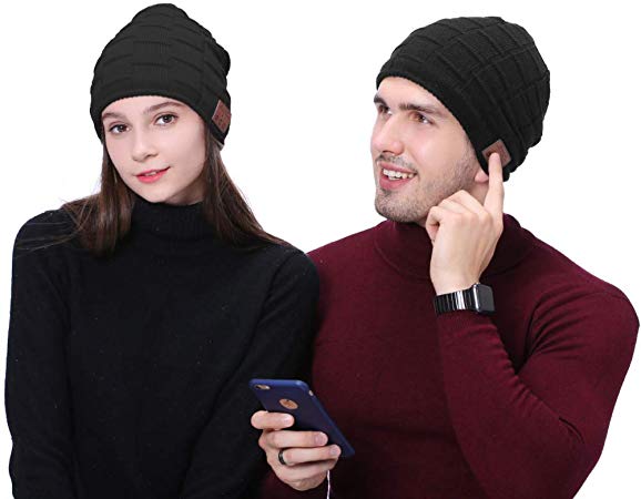 EDDORUNNING Bluetooth hat 5.0 Wireless Beanie Headset Wireless Rechargeable Headphones Running Cap with Stereo Speakers & Mic Unique Tech Warm Soft Cap for Men and Women(1pcs Black)