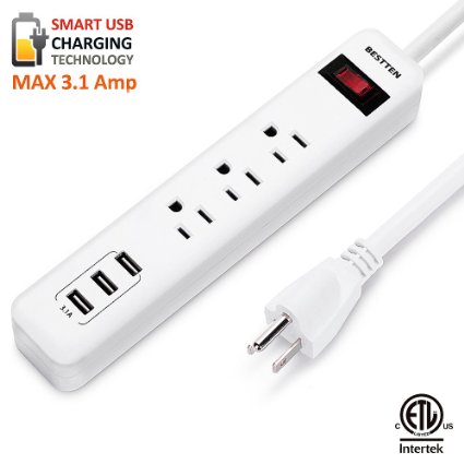 Bestten 3 Outlet Surge Protector Power Strip with Triple 31A USB Charging Ports 3 ft Extension Cord 300 Joules ETL Listed Ideal for Home Office and Travel