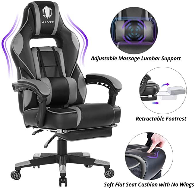 KILLABEE Massage Gaming Chair High Back PU Leather PC Racing Computer Desk Office Swivel Recliner with Retractable Footrest and Adjustable Lumbar Support, Gray/Black