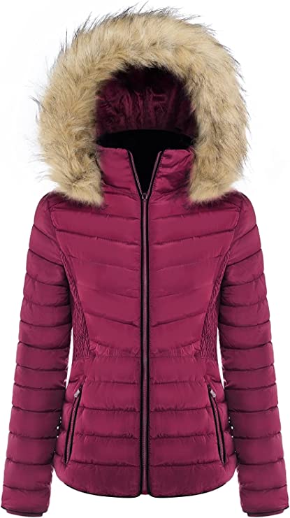 BodiLove Women's Winter Quilted Puffer Short Coat Jacket with Removable Faux Fur Hood and Zipper