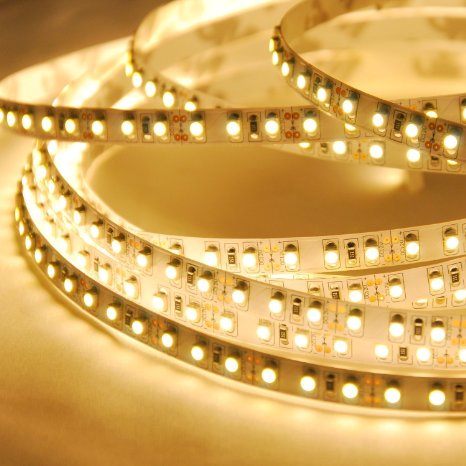 Triangle Bulbs® Warm White Double Density 600 LEDs Flexible led strip light, 3528 Type SMD, 16.4 Ft / 5 Meter, With Easy Installation No wiring required DC jack input just plug and play,