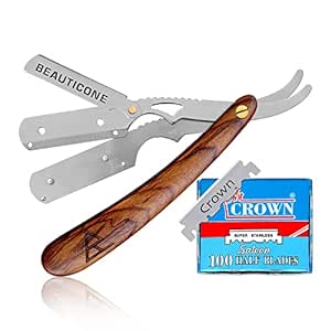 BEAUTICONE Straight Razor for Men, Professional Rose Wooden Handle with Polished Blade Barber Razor with 100 Single Edge Blades, Straight Edge Single Blade Razors for Men