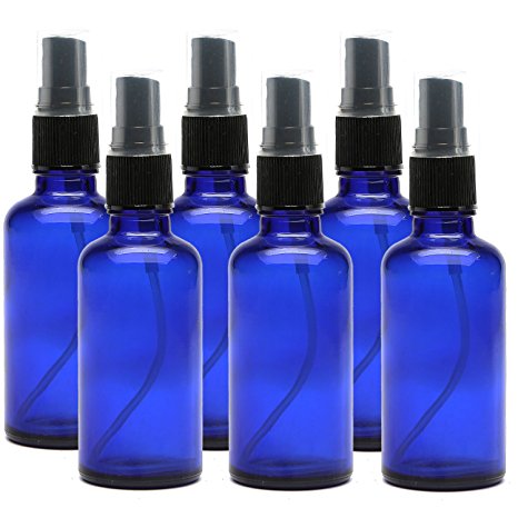 Kaith 2 Oz Glass Spray Bottle with Recipes Guide.Set of 6 Cobalt Blue Fine Mist Atomizer. Empty Containers for Misting Aromatherapy, Essential Oils, Cleaning, Room Sprays. (Blue/W Black Cap)