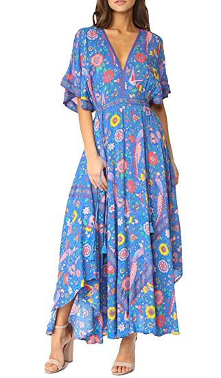 R.Vivimos Women Summer Print Deep V Neck Cotton Beach Long Dresses