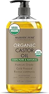 MAJESTIC PURE USDA Organic Castor Oil | Hexane Free & 100% Pure | Cold Pressed | Stimulate Growth for Hair, Eyelashes, Eyebrows, Nails | Moisturizing & Nourishing | Body, Hair & Carrier Oil | 8oz