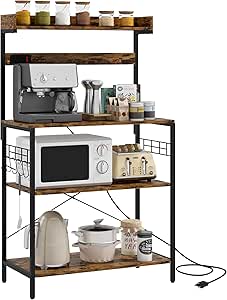 HOMCOM Kitchen Bakers Rack with Power Outlet, Microwave Stand, Coffee Bar with Adjustable Shelves, 5 Hooks for Spices, Pots and Pans, Rustic Brown