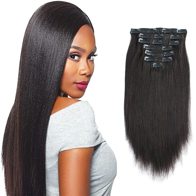 Sassina Real Remy Thick Yaki Straight Clip in Virgin Human Hair Extension Natural Black Double Wefts for African American Black Women 7 Pieces 120g with 17 Clips, YS 18 Inch