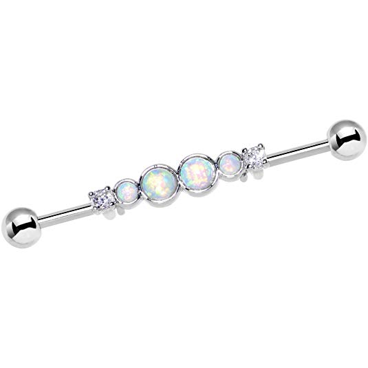 Body Candy Stainless Steel White Synthetic Opal Clear Accent Industrial Barbell 14 Gauge 36mm