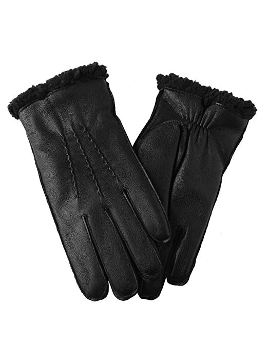 Black Genuine Leather Winter Gloves for Men Warm Lining