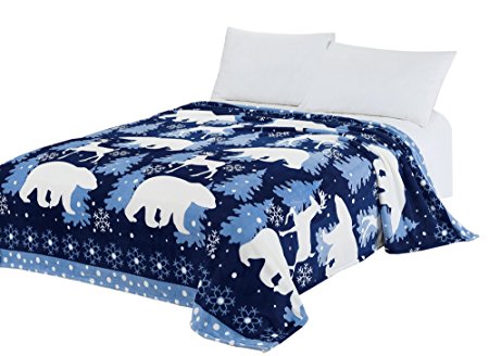 CaliTime Brand Super Soft Throw Blanket, Blue White Polar Bear Reindeer, Queen