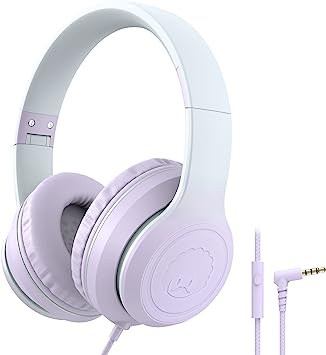 Rockpapa L22 On-Ear Headphones with Microphone, Folding Stereo Bass Headphones with 4.9Ft No-Tangle Cord, Portable Wired Headphones for Kids Teens Travel School Smartphone Tablet (Purple)