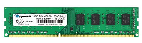 ROYEMAI 8GB DDR3/DDR3L 1600MHz UDIMM, PC3/PC3L -12800 UDIMM 1.35V/1.5V CL11 2RX8 Non ECC Unbuffered Dual Rank 240 Pin Desktop RAM Computer Memory Module