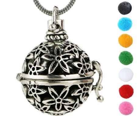 Lava Stone Aromatherapy Essential Oil Diffuser Necklace Pendant/Locket Antique Silver with 24" Snake Chain and 6 Cashmere Sustained Release Ball