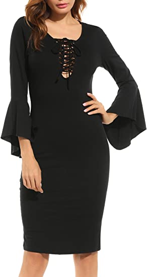 ACEVOG Womens Casual Solid Dress Long Sleeves Creative Lace Up Belt Loose Fit Dress