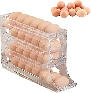 4 Tiers Egg Holder for Fridge - Space-Saving Egg Dispenser Holder, Auto Rolling Fridge Egg Organizer, 30 Eggs Fridge Egg Rack Large Capacity Egg Dispenser for Refrigerator (Transparent)