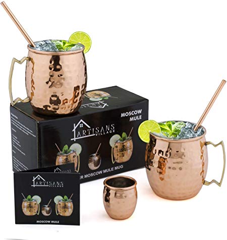 ARTISANS VILLAGE Moscow Mule Copper Mugs, 100% HANDCRAFTED, Food-safe Copper Mugs with Brass Handle and Stainless-Steel Lining, Highest Quality Cocktail (Set of 2, Hammered)