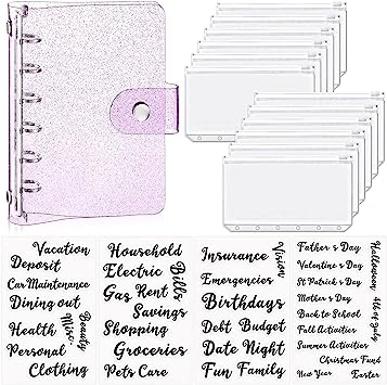 17 Pieces Binder Cover A7 Soft PVC 6-Ring Binder Cover 12 Pieces Mini Binder Pockets A7 Size 6 Holes Binder Zipper and 4 Sheets Cash Envelope Sticker for Budget Plan (Glitter Purple)