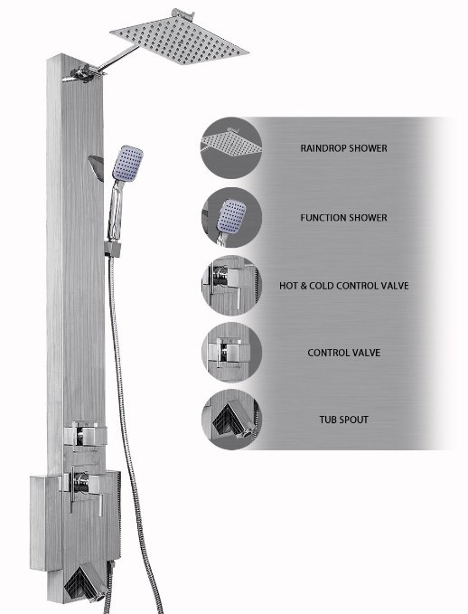 AKDY 3315-37 48" Stainless Steel Shower Wall Panel System with Rainfall Shower