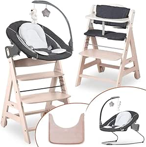 hauck Chaise Haute Bébé Beta Newborn Set Deluxe- Évolutive dès Naissance avec Transat Nouveau-Né Inclinable, Plateau Repas, Coussin - Whitewashed Gris Melange