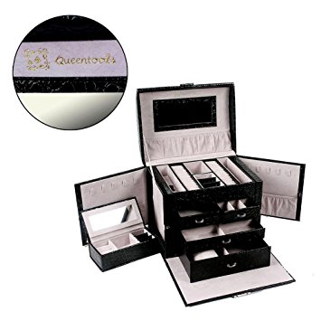 Queentools Jewelry Box with Lock and Mirror (10.43 x 7.84 x 8.85“) Jewelry Display Box Lockable Travel Jewelry Organizer for Women, Color Black