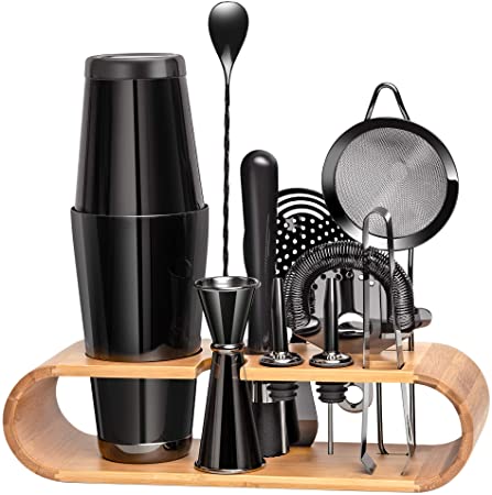 11 Pieces Mixology Bartender Kit by Mixologic: 304 Stainless Steel Boston Cocktail Shaker Bar Set With Sleek Bamboo Stand & E-Recipe Booklet | Premium Bartending Tool (Black)