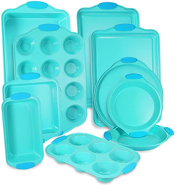 10-Piece Nonstick Bakeware Set with Blue Silicone Handles with Baking Pans, Baking Sheets, Cookie Sheets, Muffin Pan, Bread Pan, Pizza Pan and Cake Pan, Oven Safe