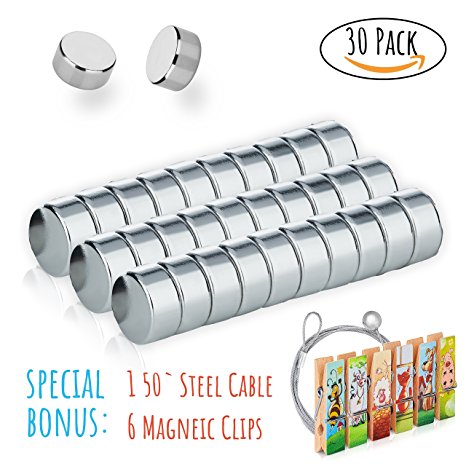 Refrigerator Magnets Set, 30 Small Round Magnets | BONUS - 6 Decorative Magnetic Clips   Unique Photo Display Cable. Use it On Whiteboards, Fridge, Office, Locker Or Classroom By Treats&Smiles