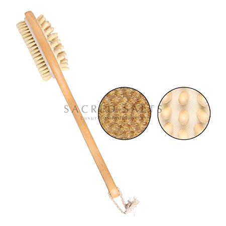 Sacred Salts Wooden Double Sided Body Brush with Massager and Long Handle | Natural Boar Bristles | Dry Brushing Removes Dead Skin, Treats Cellulite & Stimulates Blood Flow
