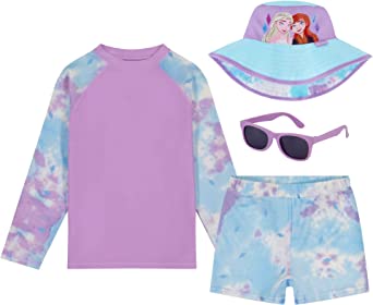 Disney Girls' Frozen & Minnie Mouse 4-Piece Kids Set, Long Sleeves Rash Guard, Swim Shorts, Glasses & Bucket Hat Ages 3-8, Frozen