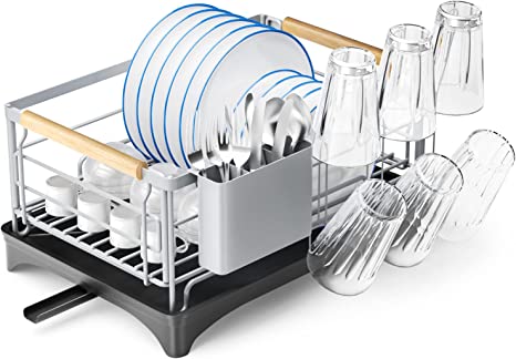 G-TING Dish Drying Rack, Dish Rack for Kitchen Counter, Rust-Proof Dish Drainer with Drying Board and Utensil Holder for Kitchen Counter Cabinet, 16.6” L× 12.6”W× 7.8”H, Grey