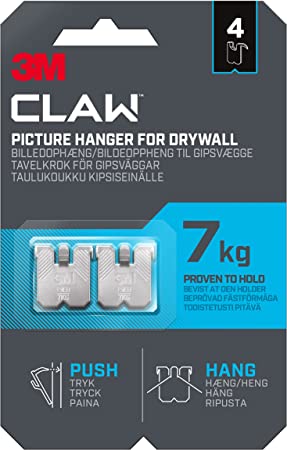 3M Claw Plasterboard Picture Hanger 7 kg 4 Hangers, Steel, 3PH7-4UKN