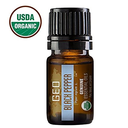 GEO Certified Organic BLACK PEPPER Essential Oils. Powerful Antiviral Agent, expectorant, and Stimulates Digestive Glands. 1 bottle, 5 ml, USDA Certified Organic.