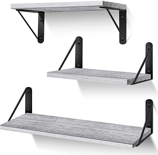 AIBORS Floating Shelves for Wall, Rustic Wood Wall Shelves Decor Set of 3 for Bedroom, Bathroom, Living Room, Kitchen, Office, Laundry Room, Original Wood (Weathered Grey)