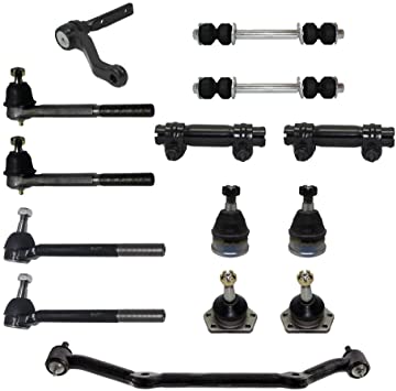 Detroit Axle - 14 Piece Front Suspension Kit - 2 Lower Ball Joints, 2 Upper Ball Joints, 2 Front Sway Bar End Links, 1 Idler Arm, 1 Center Link, 2 Adjustment Links, Tie Rod Ends - 2WD Models Only