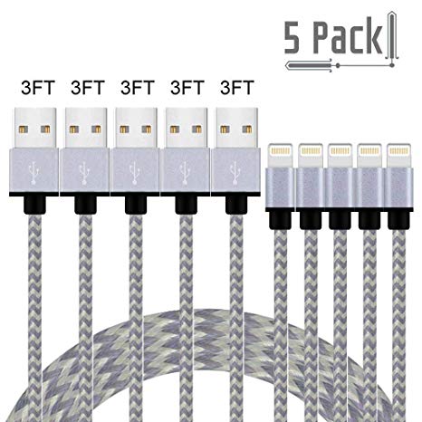 iPhone Fast Charger MFi Certified, Cable 5Pack 3FT,Nylon Braided Charger to Cable Data Syncing Cord Compatible with iPhone X XS XsMax XR 8 8Plus 7 7Plus 6S 6Splus 6 6Plus 5S 5(White&Gray)