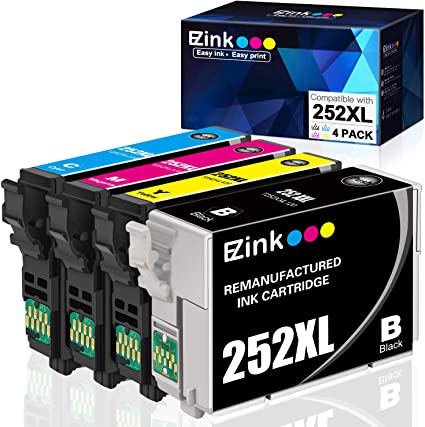 E-Z Ink (TM) Remanufactured Ink Cartridge Replacement for Epson 252XL T252XL to use with Workforce WF-7110 WF-7710 WF-7720 WF-3640 WF-3620 (1 Black, 1 Cyan, 1 Magenta, 1 Yellow, 4 Pack)