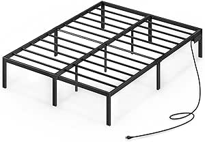 Rolanstar Bed Frame Full Size with USB Charging Station, 14 Inch Metal Platform Bed Frame, Mattress Foundation with Heavy Duty Steel Slat Support, No Box Spring Needed, Easy Assembly, Black