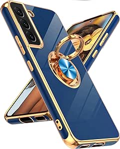 LeYi for Samsung Galaxy S22 Case: 360° Rotatable Ring Holder Magnetic Kickstand, Plating Rose Gold Edge Protective Samsung Galaxy S22 Case, Blue