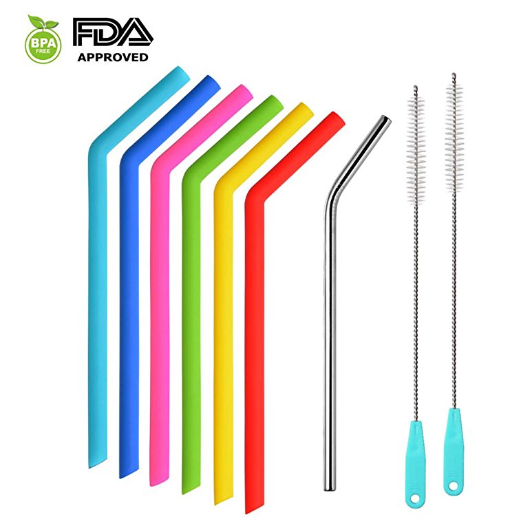 Desheng Reusable Silicone Drinking Straws (6Pack) for Yeti tumbler   1 Metal Straw   2 Straw Cleaning Brushes - BPA Free,Dishwasher Safe,Beveled Cut,Wide Mouth