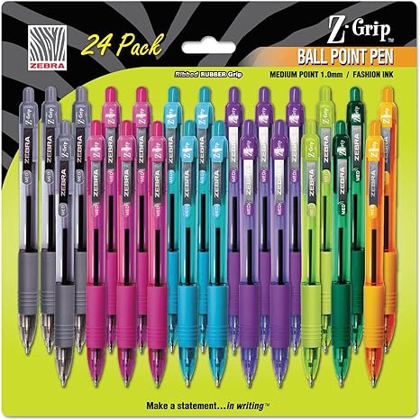 Zebra Z-Grip Ballpoint Pen, Retractable, Medium 1 mm, Assorted Artistic Ink and Barrel Colors, 24/Pack